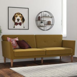 Rockingham Linen Fabric Sofa Bed With Wooden Legs In Mustard