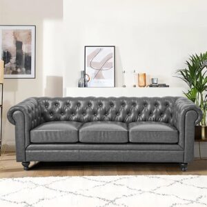 Hertford Chesterfield Faux Leather 3 Seater Sofa In Vintage Grey