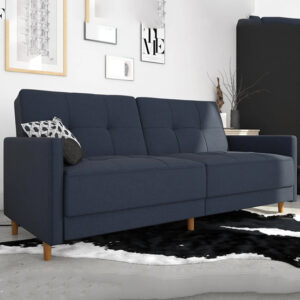 Andorra Linen Fabric Sofa Bed With Wooden Legs In Navy Blue