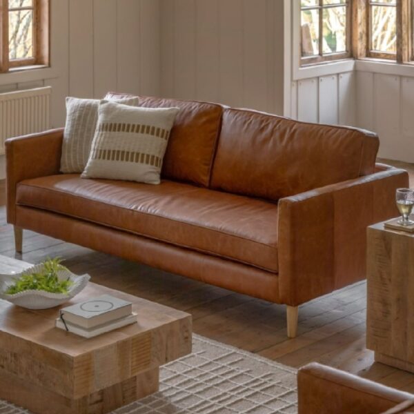 Obento Leather 3 Seater Sofa With Wooden Legs In Vintage Brown